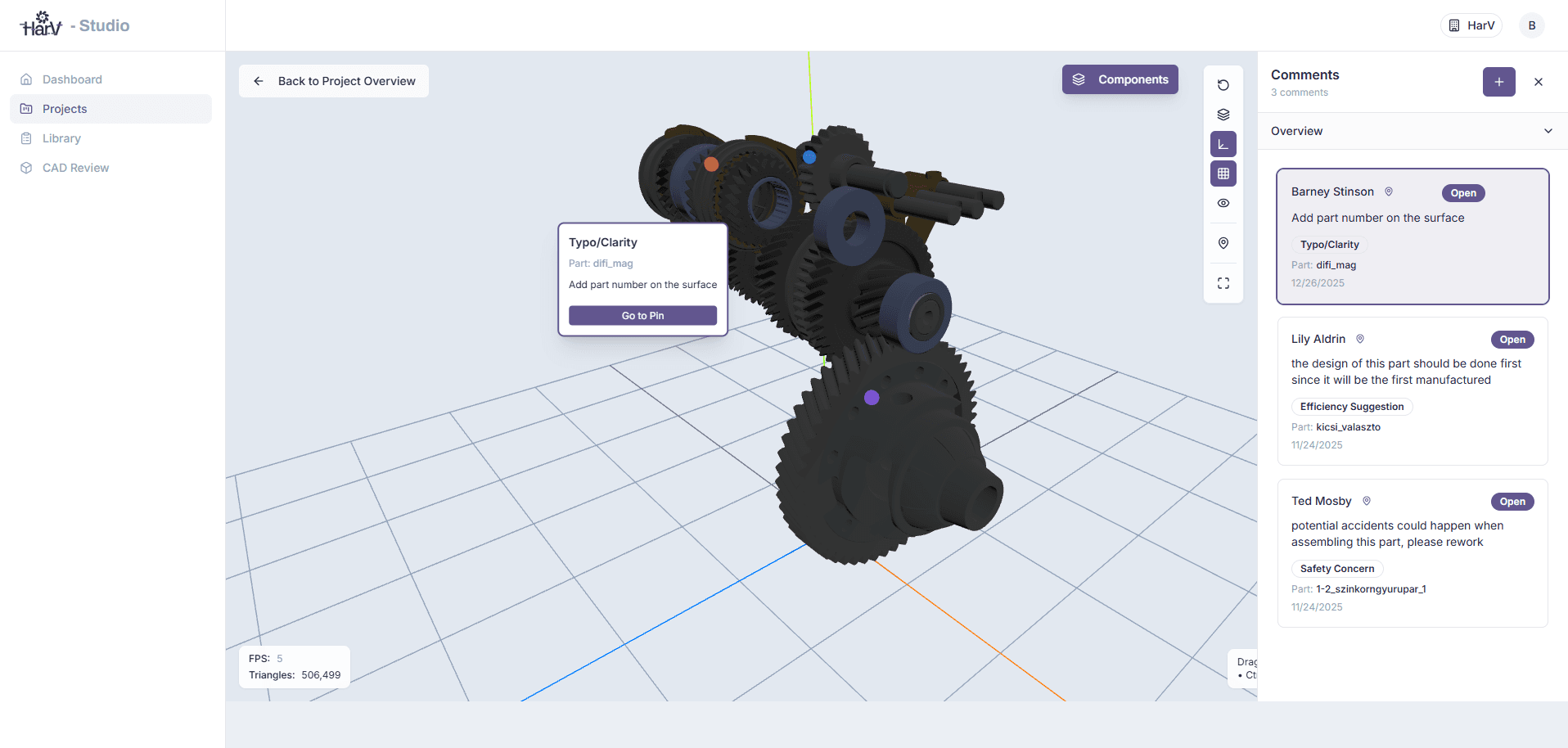 HarV workspace with a 3D gear assembly, an engineering discussion, and a recorded approval
