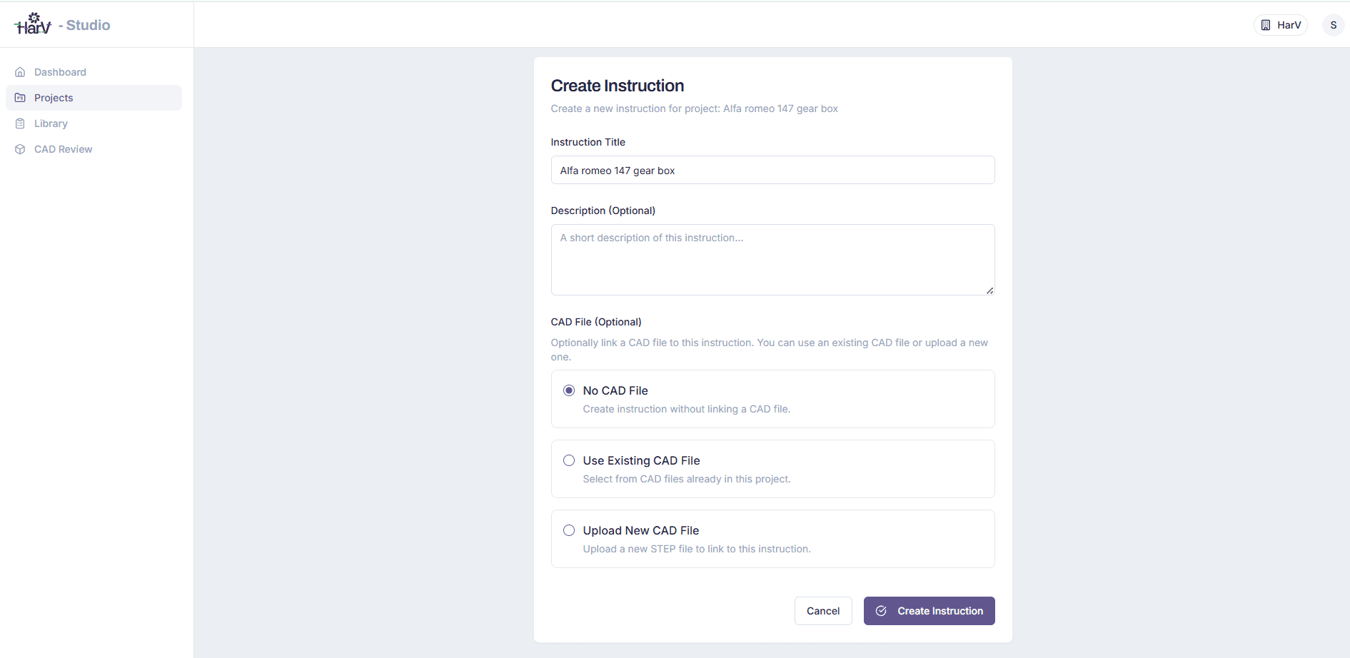 HarV instruction creation screen with source files and CAD models available to include
