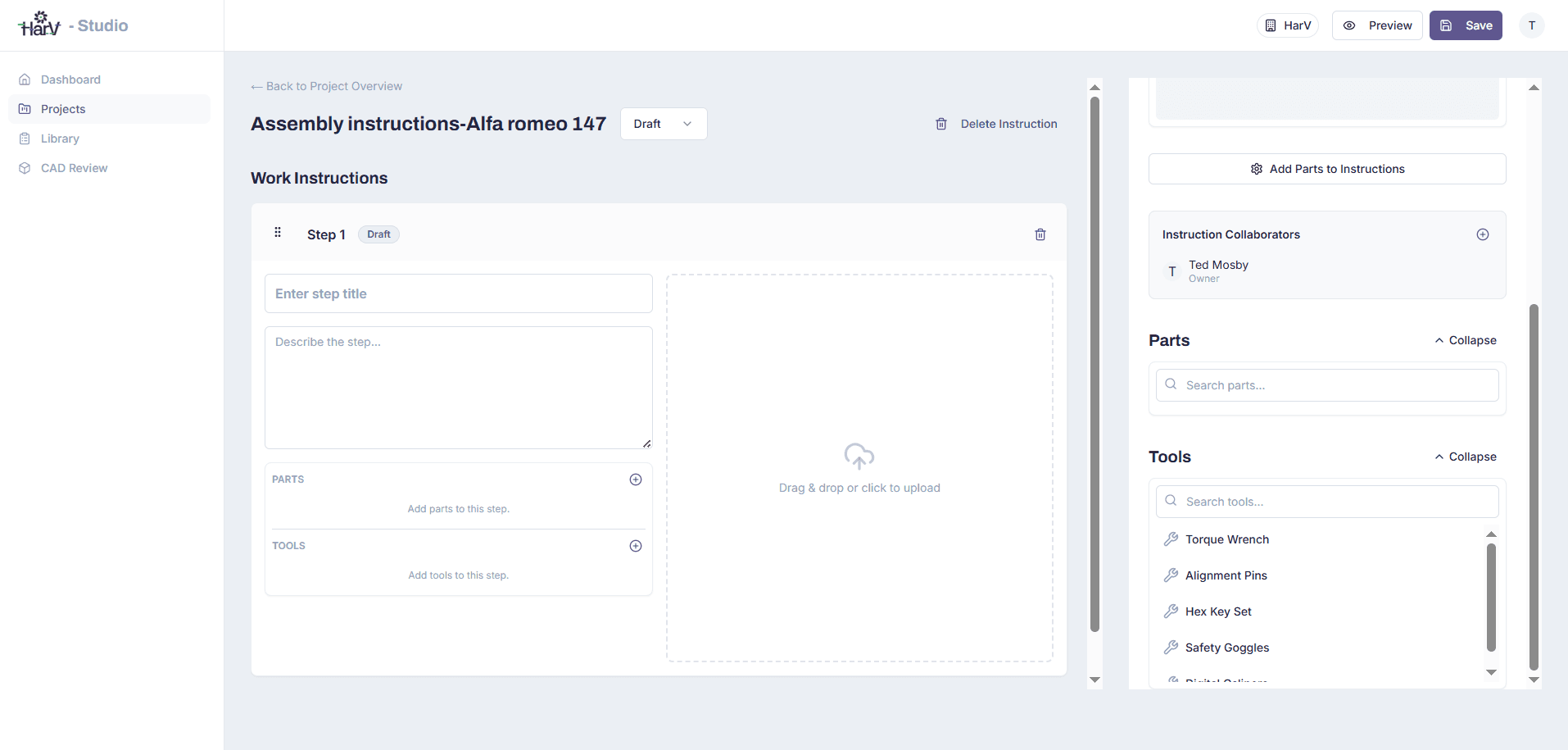 HarV work instruction editor showing assembly steps, linked parts, and tools